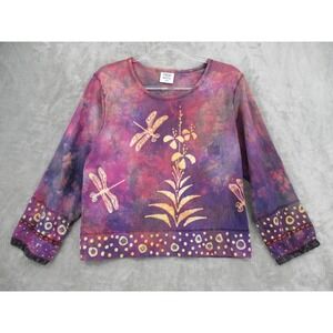 Grebe Batik Shirt Womens Small Dragonfly Floral Tie Dye Boho Artsy Art to Wear